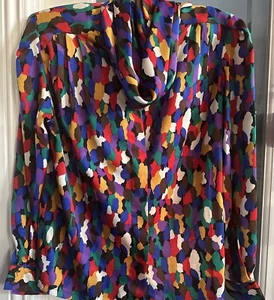 Women’s Blouse Size XS Cowl Accent Tie Art Multicolor Long Sleeve Shoulder Pads - Picture 1 of 8