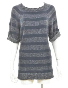 Ann Taylor Womens Sweater Size M Blue Silver Striped Boat Neck Short Sleeve - Picture 1 of 5