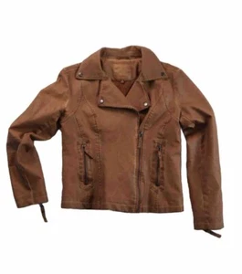 Womens Y2K 90s Cognac Brown Vegan Leather Size Small Asymmetrical Moto Jacket - Picture 1 of 18
