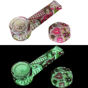 Glow-in-dark Silicone Smoking Pipe, glass bowl & Cap Lid ~ Sugar skulls ~ 3.5 in - Picture 1 of 1