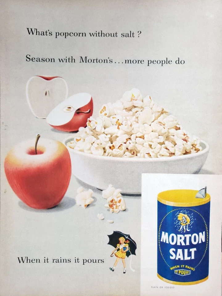 PRINT AD Morton Salt 1952 10.5x13 When It Rains It Pours Popcorn Apple - Image 1 of 1