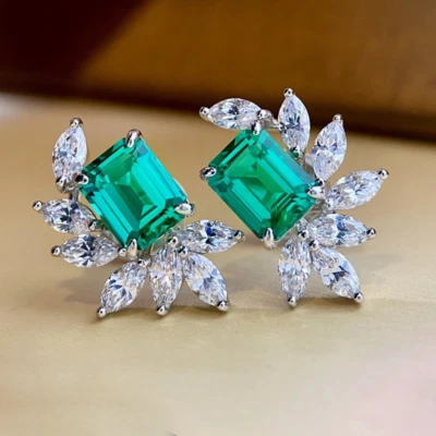 Women European Flower Style Green Citrine Topaz Gems Women Silver Stud Earrings - Image 1 of 4