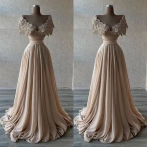 Vestidos de Noche Champagne Fuera del Hombro Una Línea Elegante Fiesta Baile de graduación Vestidos - Imagen 1 de 9