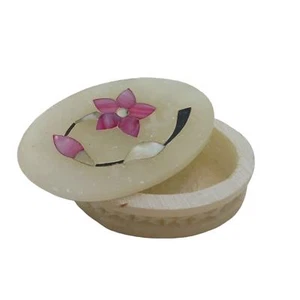 Vintage Trinket Box Ivory White Pink Shell Inlay Handcarved - Picture 1 of 5
