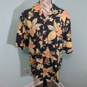 Camicia hawaiana TOMMY BAHAMA 100% seta nera ananas floreale uomo grande - Foto 1 di 3