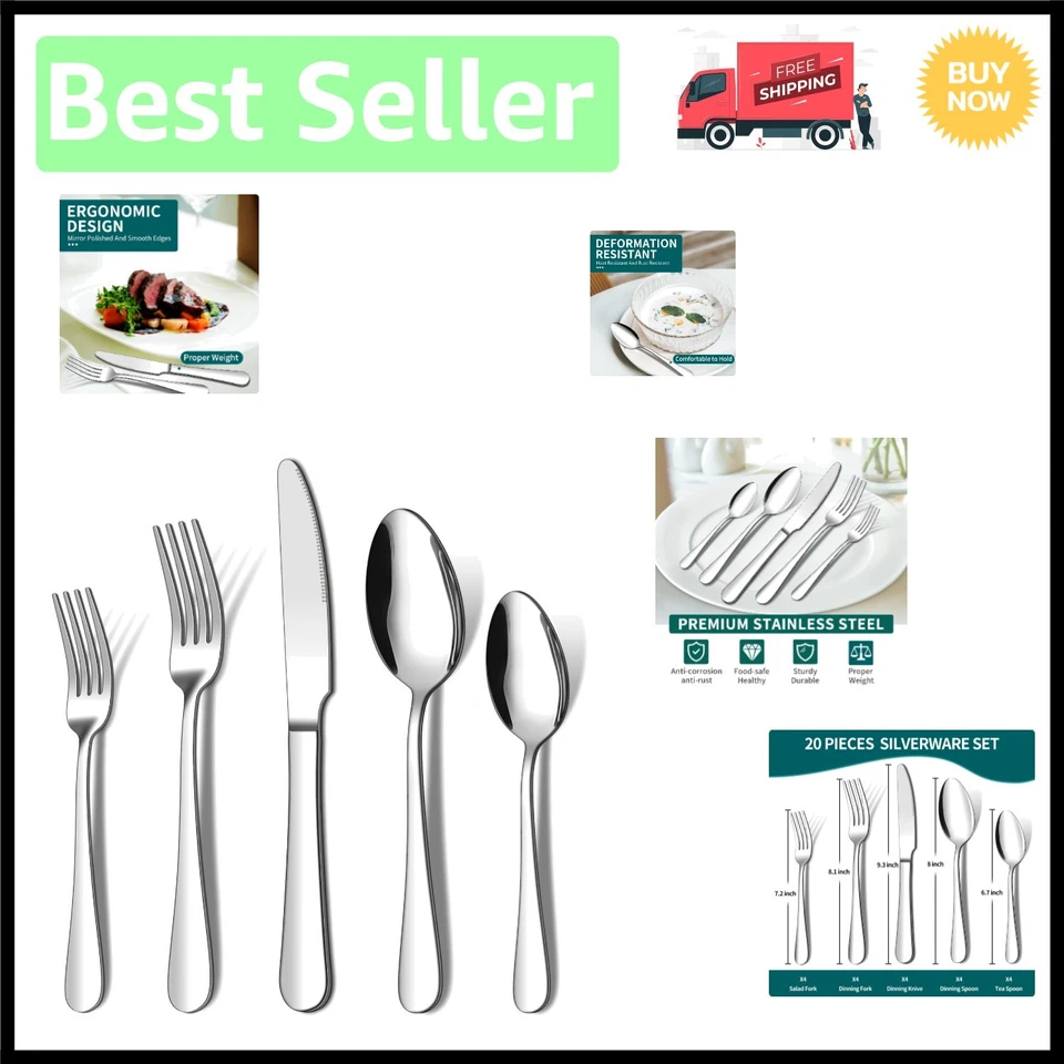 20 Pcs Stainless Steel Flatware Set Service for 4 Kitchen Cutlery Silverware