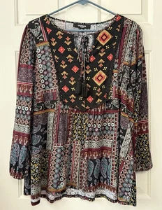 chelsea studio womwn's size M boho multi paisley with tie tassels tunic top - Picture 1 of 16