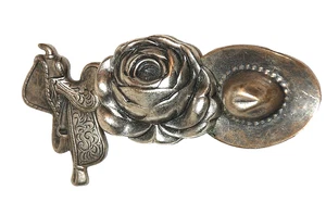 Sattelrose Cowgirl Hut Western Brosche Anstecknadel Metall silberfarben 80er Jahre Schmuck - Bild 1 von 11