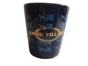 Amish Village, PA, Blue Porcelain Shot Glass, Illus. Buggies, Vintage #501 - Picture 1 of 3