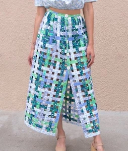 Coco Shop Basket Skirt Blue Green Floral Limes Leaf Grid Squares Check Maxi M - Picture 1 of 13