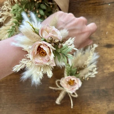 Dried Flower Boutonniere & Corsage Set – Rustic Wedding Groom & Bride - Image 1 of 4