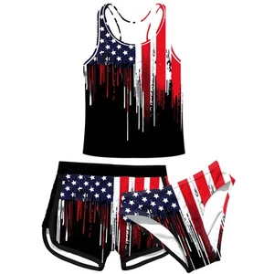 Teenager Girl American Flag Swimsuits 12t USA Patriotic Bathing Suit with Sho... - Picture 1 of 6