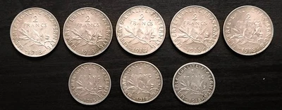 França, Lote de (8) moedas de prata de 1 e 2 francos, 1918, KM #844.1, 845.1, 1.7446 toz - Imagem 1 de 2
