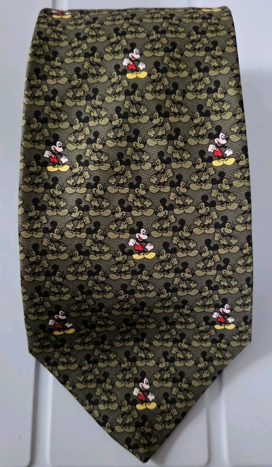 Corbata Disneyland París Mickey Mouse 100 % seda verde oliva Foto 1 de 4