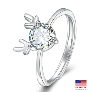 Fashion Women 925 Sterling Silver Ring Cubic Zirconia Prong Cute Antlers 1837 - Picture 1 of 4