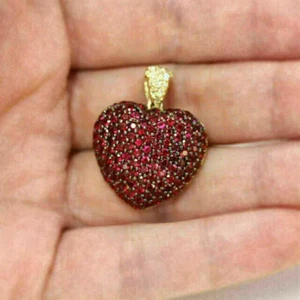 2Ct Round Red Ruby & Diamond Heart Pendant 14K Yellow Gold Finish Free 18" Chain - Picture 1 of 6