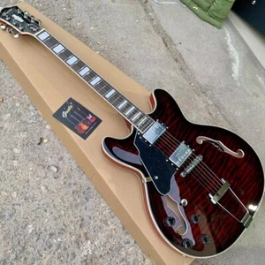 Left hand dark brown double f hole electric jazz guitar HH pickups rosewood F - Picture 1 of 4