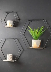 Hexágono Estantes de Pared - Juego de Tres - Metal Y Madera Marco Alambre - Imagen 1 de 1