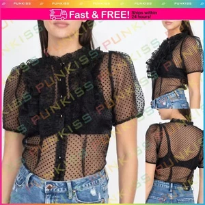 Womens Mock Neck See Through Short Sleeve Sheer Mesh Ruffle-trim Dot Shirt Top - Picture 1 of 6