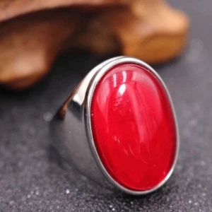 Vintage Oval Red Opal Stone Wedding Ring Stainless Steel Men Women Retro Ring - Picture 1 of 4
