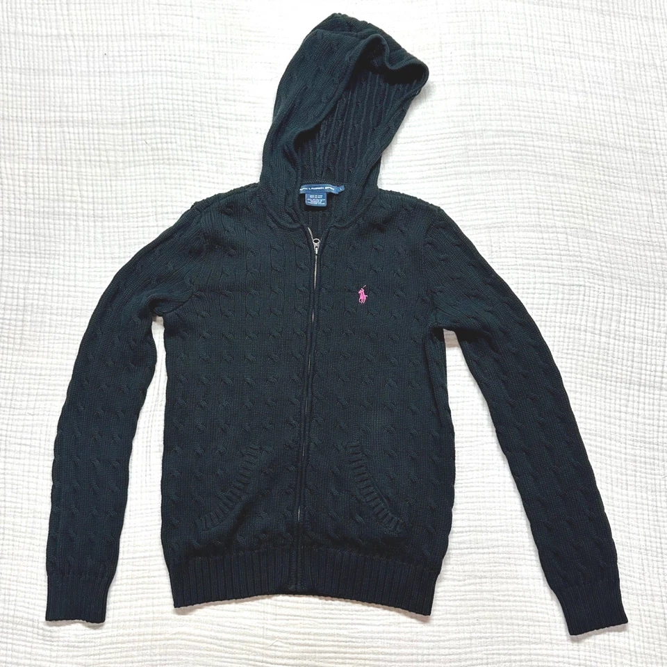 Moletom com capuz feminino vintage Ralph Lauren Sport preto malha cabo grande zíper rosa pônei preppy - Imagem 1 de 4