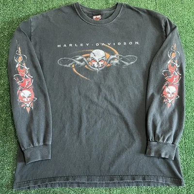 Camiseta masculina vintage Harley-Davidson XL preta desbotada manga longa caveira chama tribal - Imagem 1 de 4