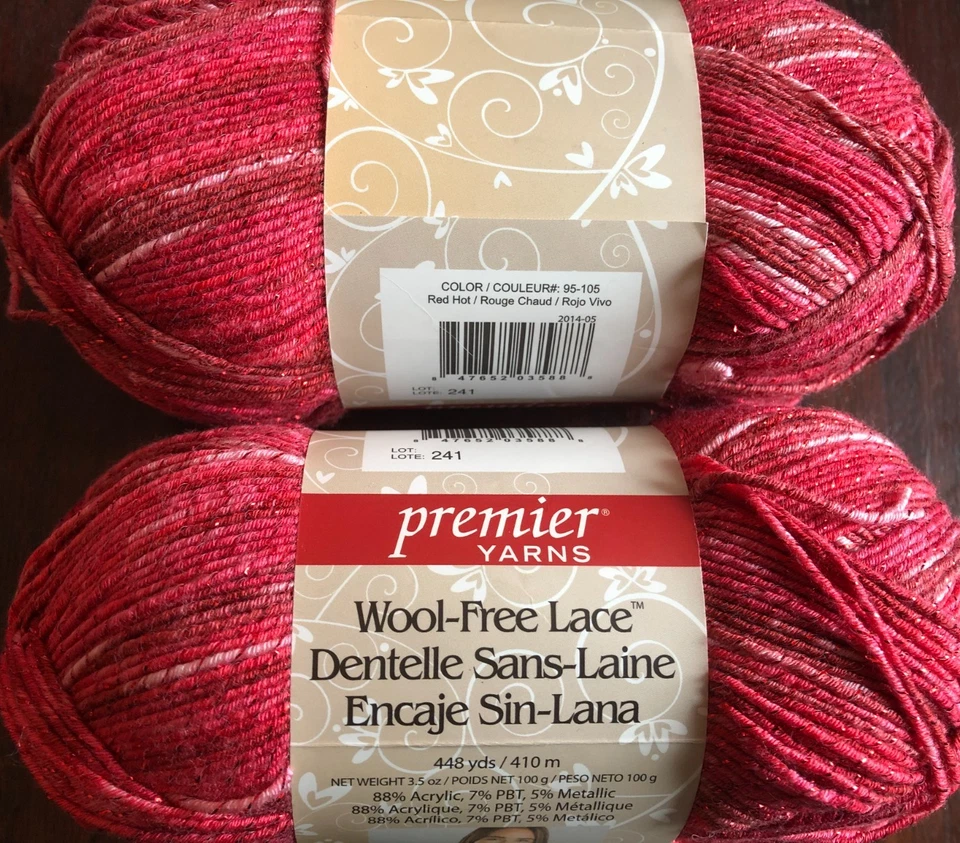 LOTE DE 2 hilos de encaje sin lana, hilo de calcetín Premier, rojo caliente 448 yardas ea Foto 1 de 2