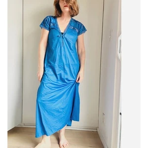 Vintage 70s Nightgown Slip Dress Size Medium Cobalt Blue Ankle Made USA - Bild 1 von 10