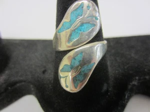 Vintage Sterling Silver Ring w/Turquoise BUTTERFLY Sz 7-8 Adjustable TC-1 Mexico - Picture 1 of 5