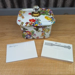 MacKenzie Childs Flower Market White Enamel Recipe Box w/ Cards Glass Knob New - Picture 1 of 17