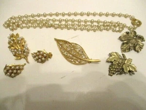 7 Pcs. Pearl & Leaf Design Gold Tone Costume Jewelry Pins Earrings Necklace J14 - Picture 1 of 8