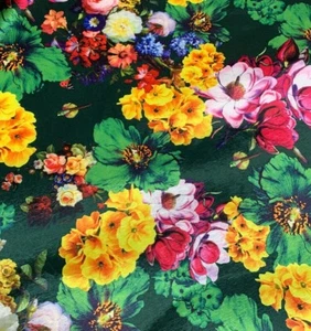 2 Yards - Green Yellow Pink Multi Floral - Stretch Polyester Taffeta Fabric - Picture 1 of 2