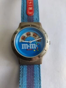 Vintage M&M Crispy Watch Men 35mm Silver Tone Blue Dial 1999 Needs Battery - Picture 1 of 6