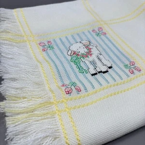 Vintage Baby Afghan Blanket w/Fringe Hand Embroidered Lambs Unisex Yellow Stripe - Picture 1 of 7