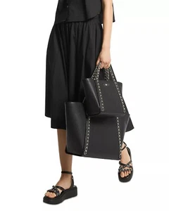 Michael Kors Black Skirt Poplin Cotton Midi Pleated Pull On A Line Women’s L - Picture 1 of 8