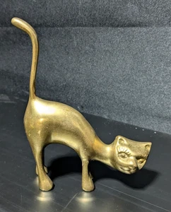 Vintage MCM Brass Cat Arching 5.5" Tall Long Tail - Picture 1 of 10
