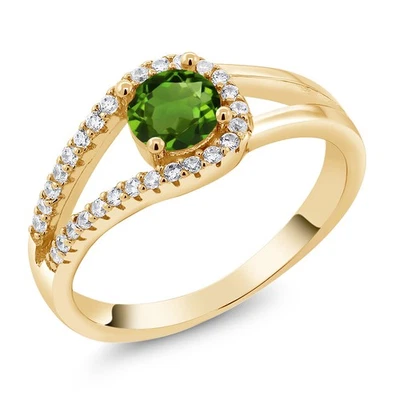 Anillo de plata chapado en oro amarillo de 18 quilates con diopsido cromado verde redondo de 0,85 quilates Foto 1 de 3