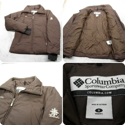 Chaqueta de plumón Columbia para mujer pequeña marrón acolchada acolchada cremallera completa resistente al agua Foto 1 de 4