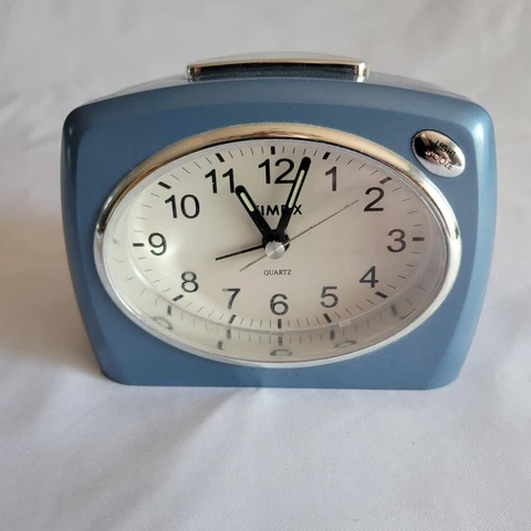Vintage Timex Quartz Bedside Alarm Clock Retro Blue Chrome Oval Travel Battery Cover