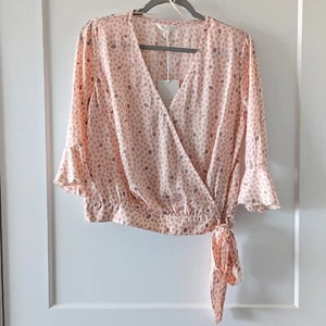 LC Lauren Conrad Pink Blouse Polka Dot Wrap Shirt Top Ruffled Hem Sleeves Small - Picture 1 of 10