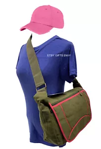 13x9.5 Green with Pink Trim Canvas Messenger Bag Teen Bag Travel Messenger Bag - Picture 1 of 10
