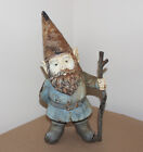 Vintage Cast Iron Garden Gnome Holding Walking Stick Staff Original Paint 14.1"