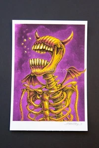 Emek Skelett Teufel mit großem Mund und Flügeln lila Mini Kunstdruck Handzettel - Bild 1 von 4