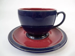 Vintage Denby Classic Harlequin Pattern Stoneware Cup And Saucer Duo Blue Red - Picture 1 of 16