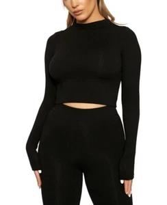Naked Wardrobe Women's Size XS Long Sleeve High Neck Crop Top, Black, NwT - Picture 1 of 6