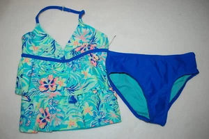 Girls Swimsuit 2 PC TANKINI SET Ruffles TROPICAL FLOWERS Teal Blue Peach XS 4-5 - Picture 1 of 2