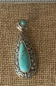 Sterling Silver Teardrop Turquoise Pendant W/Turquoise Clasp Bale - New 1.75” - Picture 1 of 3