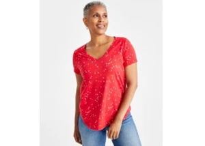 Style & Co Women's Printed V-Neck T-Shirt, Red Star Sz-L - Picture 1 of 3