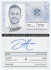 2023 Panini Prestige #NPS-JH Jake Haener NFL Passport Signatures Saints - Imagen 1 de 2