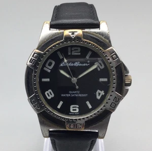 Vintage Eddie Bauer Watch Men 38mm Black Silver Tone Leather Band New Battery - Picture 1 of 15